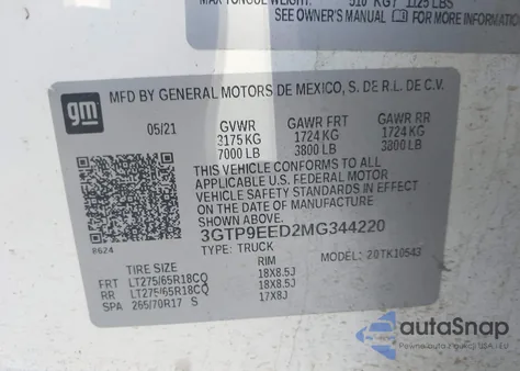 2021 GMC Sierra 1500 4Wd Short Box At4 z USA, uszkodzony, nr VIN 3GTP9EED2MG344220